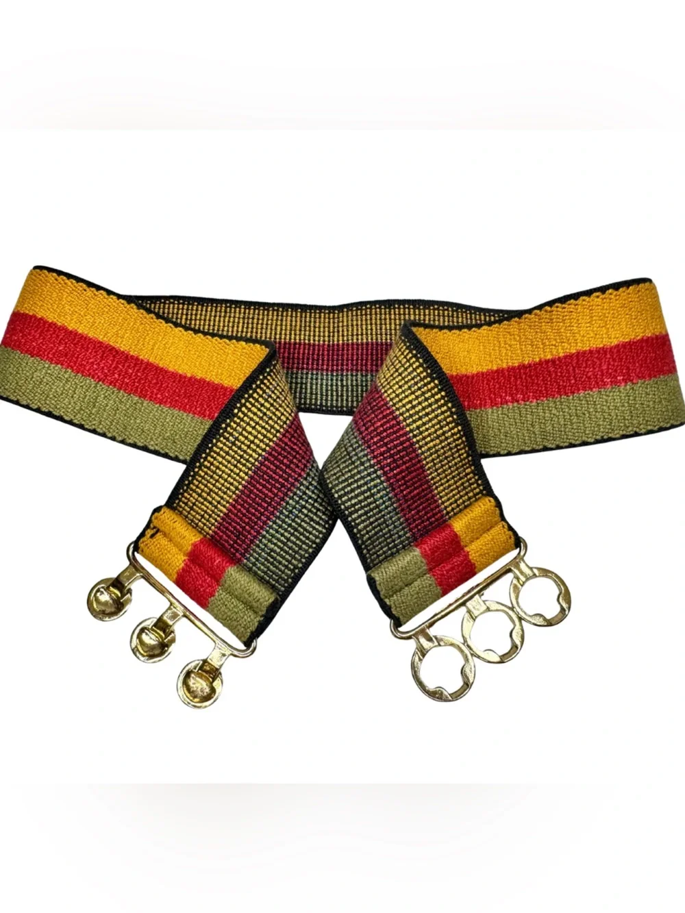 Decorative Stretch Belt Green Red Mustard Stripe Gold Tone Clasp Retro 26”